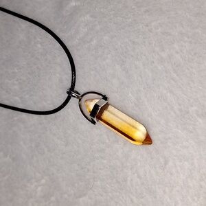 Orange/clear crystal point pendant necklace on 16-inch faux leather chain